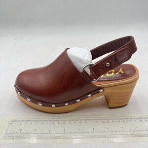 YDN Brown Round Toe Studded Pumps Slingback Buckles Platform Block Heels Shoes